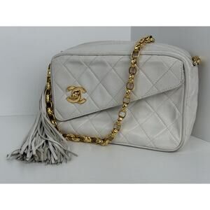 Chanel White Lambskin Quilted Tassel Camera Case with Gold Hardware